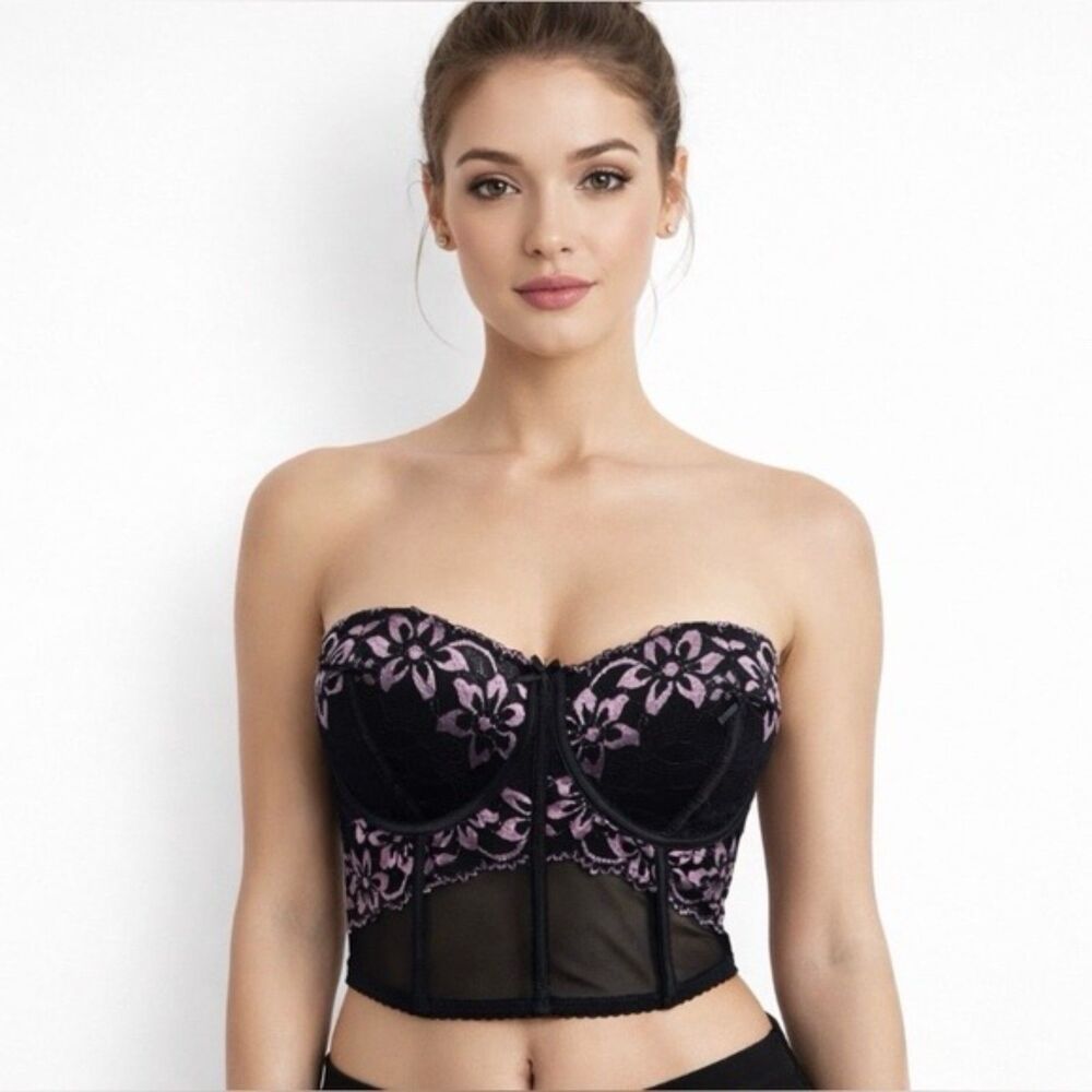 Rene Rofe Black & Pink Floral Longline Contour‎ Cup Underwire Bra L
